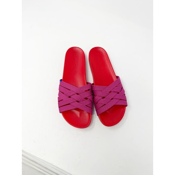 Rothy’s The Slide In Cherry Red Pink Criss Cross Knit Strap Sandals Size 8.5 - Picture 7 of 8
